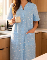 Robe de nuit mi-longue imprimée à manches courtes pour femme, col en V boutonné, avec poches latérales, en tricot, pour la maison, impression personnalisée
