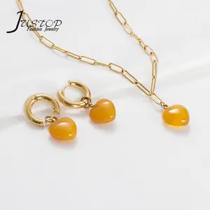 Stainless Steel Women Accessory Design Yellow Agate Hoop Earrings Necklaces Heart Natural Stone Jewelry Set