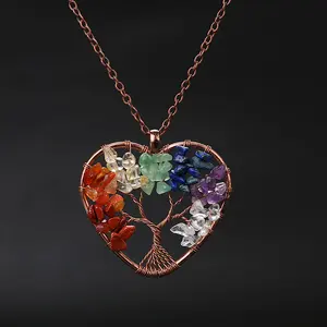Multi Colors Handmade Tree of Life Gemstone Wire Braided Pendant Necklace Crystal heart pendant jewelry