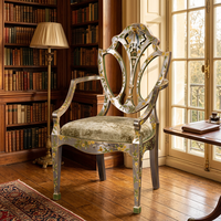 Fauteuil Yips LD-1503-1280 de style Mid-Century Modern, motif floral et oiseaux peints à la main, aspect antique, feuilles d'argent, en caoutchouc, pour salon et hôtel
