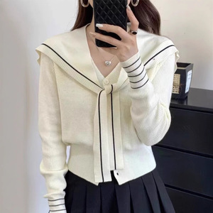 Korean-style Preppy <b>Navy</b> Collar Long Sleeve Knit <b>Cardigan</b> For <b>Women</b> Apricot Gray Black Burgundy Coffee Thin Polyester V-neck - Product Image 1