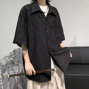 Camisa Negra de Manga Corta Plisada <span class=keywords><strong>sin</strong></span> Planchar Estilo Cubano para Hombre, Diseño Exclusivo con Bordado Jacquard, Chaqueta Cardigan Holgada e Informal - Product Image 2