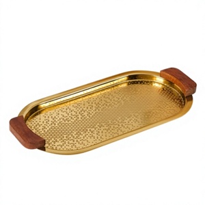 Bandeja Rectangular Dorada para Servir con Asas de Madera, Patrón Geométrico, Acabado Metálico Pulido, para Decoración de Mesa en el Hogar y Cocina - Product Image 4