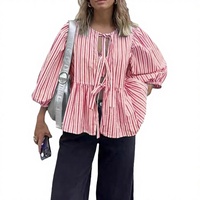 Blusa de algodón a rayas para mujer con mangas abullonadas, cuello redondo, corte holgado, informal, para primavera y verano