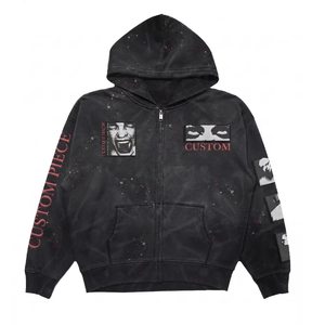Sudadera con capucha <span class=keywords><strong>negra</strong></span> lavada con cremallera para hombre, con estampado gráfico de salpicaduras de pintura, estilo urbano, informal, para uso diario. - Product Image 1