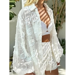 Women's New <b>Sexy</b> Lace Embroidery See-through Shirt High-waisted Shorts 2-piece <b>Set</b> Fashion - Product Image 2