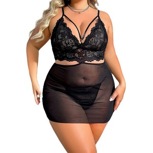 Nouveauté transfrontalière 2024 : Lingerie sexy de style européen et américain, nuisette noire transparente en dentelle à col en V, taille plus, avec string - Product Image 4