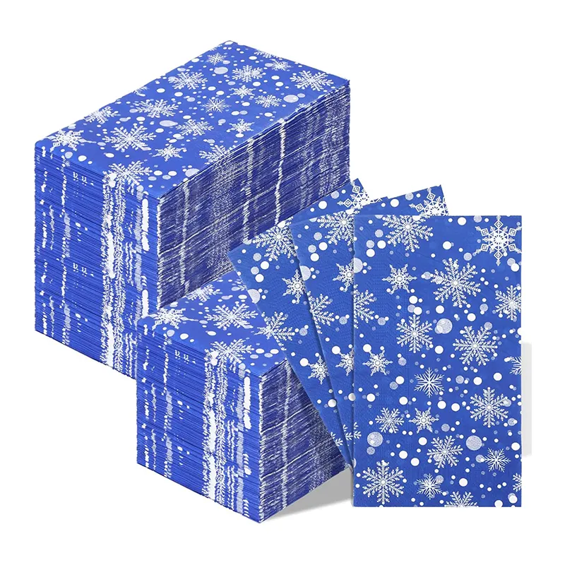 ผ้าเช็ดมือแบบใช้แล้วทิ้งสำหรับแขกในห้องน้ำกระดาษเช็ดปากสีฟ้าลายเกล็ดหิมะสำหรับเทศกาลคริสต์มาส