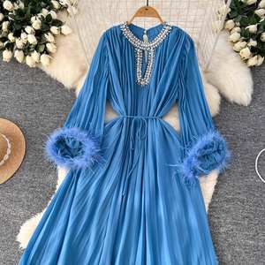 <span class=keywords><strong>M</strong></span>-3XL镂空钻石镶钻连衣裙宽松系带连衣裙，带毛茸茸袖子腰褶雪纺休闲连衣裙 - Product Image 5