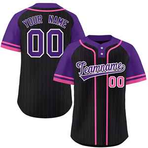 Maillot de softball personnalisé noir à rayures violet-rose, manches raglan, authentique, à deux boutons - Product Image 1