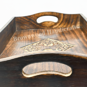 Bandeja de servicio de madera de mango macizo de forma Rectangular de Color quemado tallada a mano más vendida para restaurantes caseros uso multiusos - Product Image 1