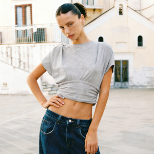 Camiseta Corta de Mujer, Manga Corta, Color Sólido, Tejido de Punto, Mezcla de Algodón, Cintura Ajustable, Casual, Ecológica, Corte Ajustado, para Verano - Product Image 1