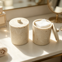 Ensemble de 3 pots de salle de bain en résine imitation travertin avec plateau ovale, pots à cotons-tiges et bâtonnets de coton avec couvercles, plateau de comptoir de vanité
