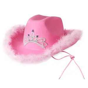 Fancy Dress Up Halloween Licht-Up Knipperende Roze Cowboyhoed Met Pluizige Veren Rand Tiara Kroon Disco Cowgirl Hoed