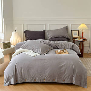 Set di Biancheria da Letto in Cotone Lavato <span class=keywords><strong>Tinta</strong></span> <span class=keywords><strong>Unita</strong></span>, <span class=keywords><strong>Copripiumino</strong></span> e Federe Traspiranti e Delicate sulla Pelle, Lenzuola Morbide per Casa e Hotel - Product Image 4