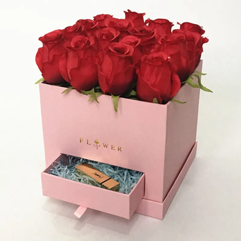 Cajón deslizante Caja de flores Nuevo clásico Color sólido Cartón cuadrado Flor Caja de regalo Cubo de abrazo personalizado Rosas Embalaje de papel