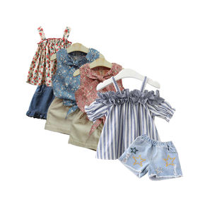 Conjunto de Ropa de Verano para Niñas en Oferta, Top con Volantes a Rayas y Pantalones Cortos de Mezclilla, Conjunto de Dos Piezas - Product Image 2