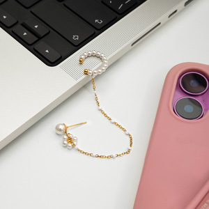 Clip-on Earrings Pearl Flower Design Gold Chain Women's Everyday Wear - Product Image 4