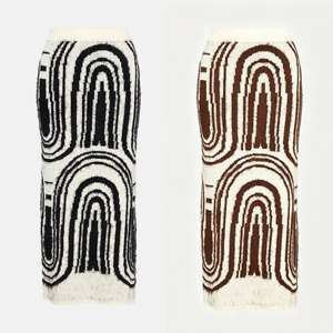 Jupe mi-longue en tricot texturé noir et blanc pour femme, style rétro abstrait géométrique, taille haute, effet duveteux, franges esthétiques - Product Image 3