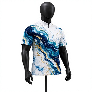 เสื้อโปโลแขนสั้นผู้ชาย พิมพ์ลายดิจิทัลสีน้ำเงินทอง ลายกราฟิกนามธรรม ผ้าถักโพลีเอสเตอร์ ดีไซน์ซิปด้านหน้า สไตล์ลำลอง - Product Image 1