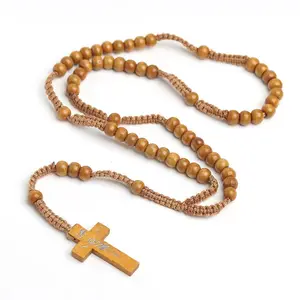 宗教饰品木制念珠手工天主教耶稣十字珠吊坠项链厂家批发
