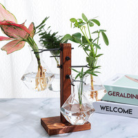 Vase en verre transparent sur support en bois, style européen créatif, pour arrangement floral hydroponique – Fournisseur d'usine