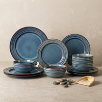 Service de table en céramique EKA Vintage, 12 pièces, glaçure réactive bleue avec rayures brunes, vente en gros OEM/ODM