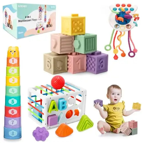 Bloques de construcción apilables 4 en 1, bloques de forma sensorial de aprendizaje del desarrollo del bebé para niños pequeños 1-3