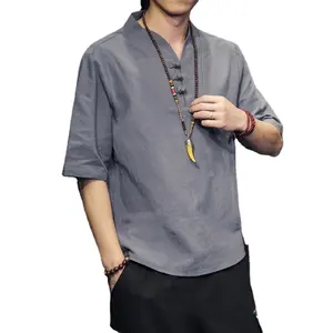 Camiseta informal de manga corta de jacquard hanbok para hombre, nueva moda, estilo chino, hebilla de disco, traje Tang de lino, camiseta para hombre