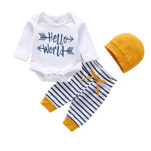 Conjuntos de Pantalones y Rompers de Algodón para Bebés Niños, Moda Infantil Hello World, 3 Piezas, Ropa de Otoño al por Mayor, Cómoda y Transpirable - Product Image 1