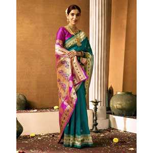 Sari Paithani de Seda Tejida Verde Azulado, Estilo Tradicional Indio y Pakistaní para Niñas, para Bodas, Fiestas y Vestimenta Étnica - Product Image 3