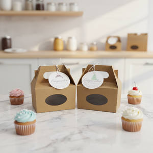 Boîte en papier kraft brun personnalisée pour cupcakes et muffins avec poignée et fenêtre transparente pour l'emballage de pâtisseries, desserts, tartes aux œufs, avec étiquette - Product Image 1
