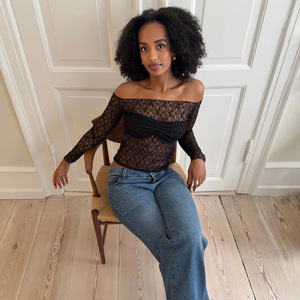 Haut en dentelle à épaules dénudées et manches longues pour femme, couleur unie, transparent, coupe ajustée, idéal pour le quotidien, les rendez-vous, les voyages et la photographie de rue - Product Image 2