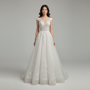 Vestidos de Novia Princesa Corte A, Vestido de Novia con Cuello Redondo, Manga Corta, Botones, Apliques, Tul, Vestidos de Novia de Talla Grande - Product Image 1