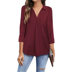 Womens Collared V Neck 3/4 Sleeve Shirts Business Casual Tops Loose Work Blouses