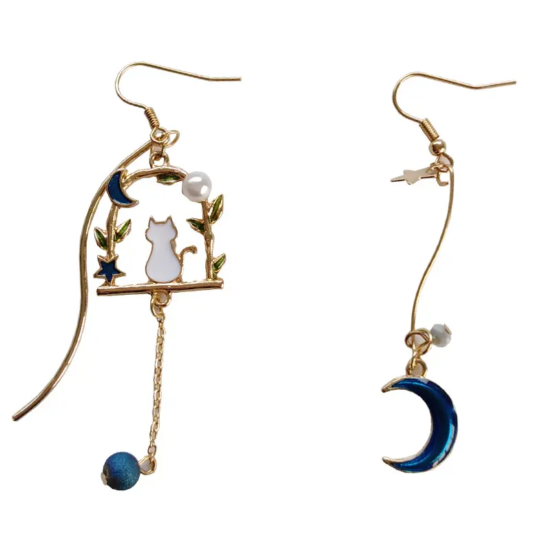 Gold Plated Asymmetric Pendant Earrings Cat Moon Curve Star Literature And Art Sweet Drop Oil Pearl 18k Earrings