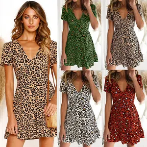 2023 summer Spring and summer new Europe and the United States sexy V-neck high waist short sleeve leopard print dress