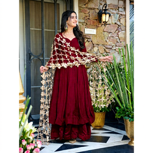 <b>Maroon</b> Floor-Length Traditional Indian Pakistani <b>Dress</b> With Pearl Chain Dupatta Women's Loose Fit Wedding Party Wear - Product Image 1