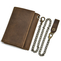 Dompet Koin Pria Kulit Asli Retro Crazy Horse dengan Pelindung, Multi-slot, Slot Kunci, Rantai Besi, Rantai Dompet Logam