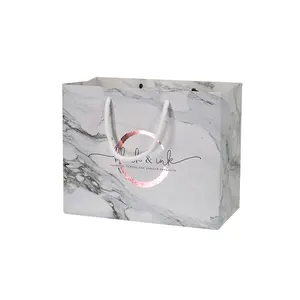hot sale cute custom Rose Gold marble boutique gift paper shopping bags with logo printed