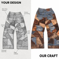 Jean baggy personnalisé pour homme, 14 oz, denim épais imprimé patchwork, style punk, déchiré, avec franges, coupe large, OEM