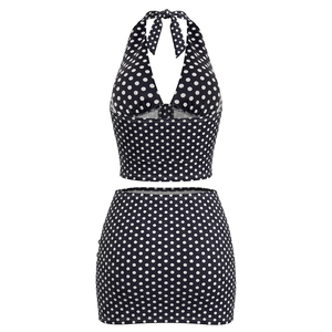 Viviblook Y26ST093 Ensemble deux pièces sexy d'été pour femme : débardeur dos nu à boutons et jupe mini moulante à pois - Product Image 5