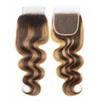 Miel marrón Piano color P4/27 brasileño de alta calidad paquetes de cabello humano rizado 10A resaltar paquetes de cabello con cierre Frontal