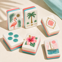 Ubin Mahjong Akrilik Amerika Palm Beach Desain Flamingo Tropis Koral Aqua untuk Hadiah Keluarga Klub Grosir OEM ODM