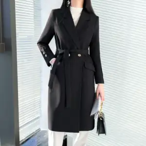 Moda Poliéster Desmontable Largo Negro Abrigo de invierno Mujeres Lana señoras abrigo de invierno diseños