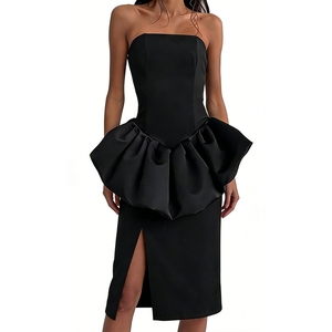 Robe midi sans bretelles à volants et peplum pour femme, avec superposition et fente haute, idéale pour les événements formels et les soirées – Collection Mode - Product Image 1