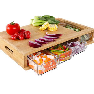 Wholesale Chopping Drawer Custom Logo Bamboo Trays collecting Wood Cutting Storage Organizer Board With Containers Trays