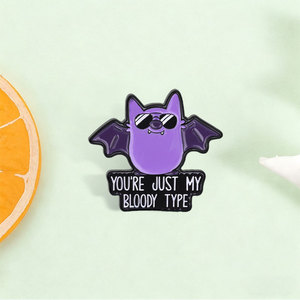 Spilla smaltata viola con pipistrello e occhiali da sole, broccia 'You're Just My Bloody Type' per decorazione zaino - Product Image 1