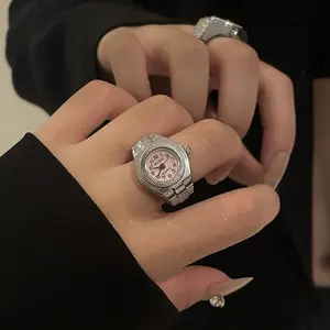 Moda takı Punk izle parmak yüzük Mini saati Retro gümüş streç paslanmaz çelik yüzükler erkekler için