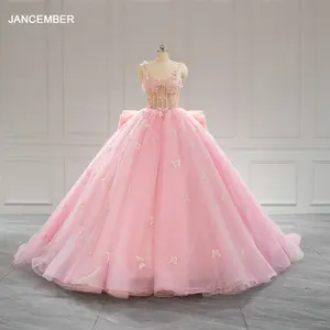 Розовые платья принцессы Quinceanera, Кружевная аппликация, юбка из тюля, корсет, милое платье с открытыми плечами, 16 дюймов, бальное платье LSRL001